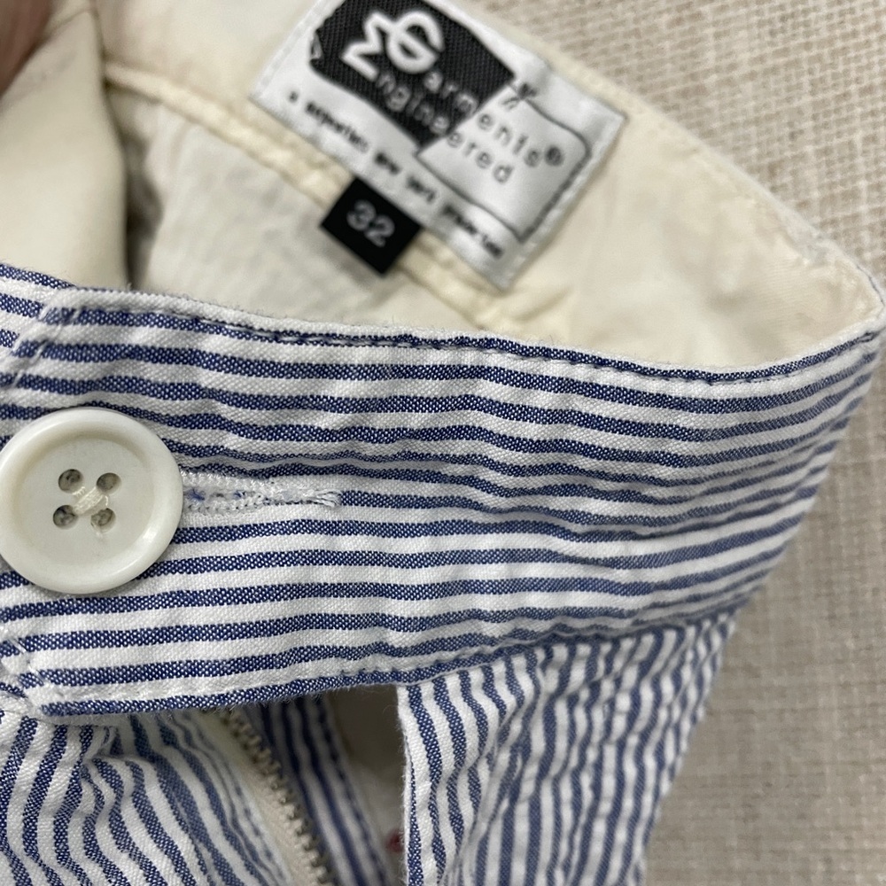 Engineered Garments Blue and White Seersucker Striped Trousers